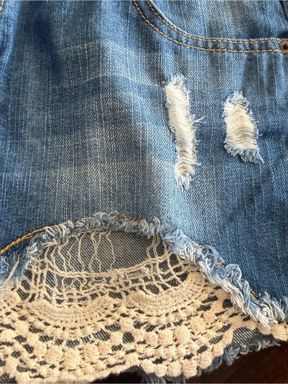 Women's Gray-Blue Denim Shorts with Lace Trim
